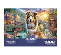 Puzzle stimolante e stimolante con il cane Collie: Collie di River And Bridge per adulti e bambini dai 12 anni in su, 70x50 cm/1000 pezzi