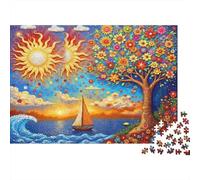 Puzzle surreale con albero di girasoli, barca a vela, tramonto, cielo floreale, 1000 pezzi, gioco educativo per adulti, bellissima decorazione, difficile, stimolante, per compleanni, 38x26cm