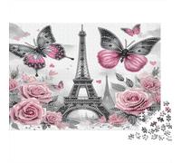 Puzzle Torre Eiffel con Farfalle Rose Rosa 1000 Pezzi 38x26cm Carta Riciclata per Adulti Gioco Difficile Stimolante Decompressione Divertimento Casa Regalo
