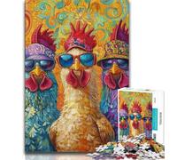 Puzzle "Tre polli" per adolescenti, impegnativo da completare ma divertente e umoristico con poster abbinato e foglio di quiz 38x26cm