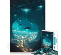 Puzzle "UFO sopra un paesaggio urbano" da 1000 pezzi Divertimento stimolante per la mente,con componenti robusti e ben definiti Un passatempo avvincente per rilassarsi in casa (50x75cm)