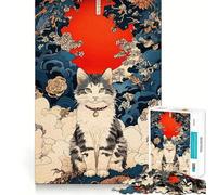 Puzzle Ukiyo-e con ritratto di gatto e sole rosso,1000 pezzi,per ragazzi,gioco stimolante per la mente,incastro perfetto,senza spazi vuoti,rilassante attività di gruppo al chiuso (50x75cm)