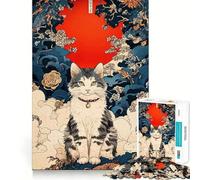 Puzzle Ukiyo-e con ritratto di gatto e sole rosso per ragazzi,1000 pezzi,stimolante per la mente,divertente,con componenti robusti e ben definiti,un'attività di gruppo emozionante (38x52cm)