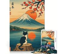 Puzzle Ukiyo-e da 1000 pezzi con gatto che osserva il Monte Fuji, ideale per attività di memoria e rilassamento mentale, con taglio liscio, perfetto come regalo di compleanno (38x52cm)