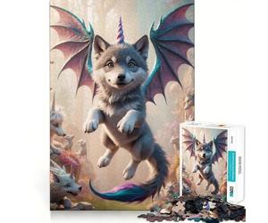 Puzzle Unicorno Cucciolo di Lupo con Ali di Drago 1000 Pezzi per Ragazzi Gioco Stimolante Mentale Montaggio Sicuro e Sicuro Attività Divertente per la Famiglia (38x52cm)