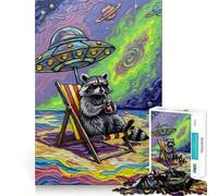 Puzzle "Vacanze sulla spiaggia con procioni sotto un UFO" da 1000 pezzi per adolescenti, stimola la memoria, facile da giocare, bordi puliti, sorpresa di Natale (50x75cm)