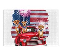 Puzzle vintage con cani camion rossi bandiera USA adulti 500 pezzi pittura artistica puzzle scena autunnale elefanti bianchi regali, 50 x 37 cm