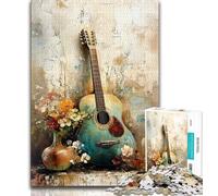 Puzzle vintage con chitarra e fiori, 1000 pezzi, regalo per adulti, antistress, per ammazzare il tempo durante le vacanze, con poster abbinato e foglio di quiz, 38x26cm