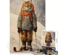 Puzzle vintage da 1000 pezzi con gatto turista sugli sci per adolescenti, allenamento della memoria, evasione rilassante, taglio perfetto, regalo invernale (38x26cm)