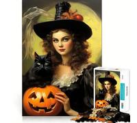 Puzzle vintage di Halloween con strega e gatto nero,1000 pezzi,gioco di abilità mentale,incastro stabile,parti che non si spostano,passatempo divertente per i lunghi weekend (50x75cm)