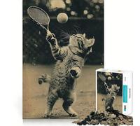 Puzzle vintage "Gatto che gioca a tennis" per adulti,1000 pezzi,gioco di concentrazione,tagli di precisione,bordi lisci,divertente sfida per i momenti di attesa (38x26cm)