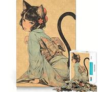 Puzzle vintage in legno con ragazza gatto,1000 pezzi,per adolescenti,gioco di potenziamento mentale,montaggio sicuro e stabile,divertimento serale in famiglia (38x26cm)