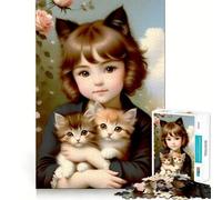 Puzzle vintage "Ragazza con gattini" da 1000 pezzi per adolescenti attività divertente per stimolare la mente,taglio di alta precisione,rilassante e ideale per una pausa creativa (38x52cm)