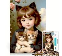 Puzzle vintage "Ragazza con gattini" per adolescenti,1000 pezzi,stimolante per la mente,divertente,con componenti robusti e ben definiti,un'attività di gruppo emozionante (50x75cm)