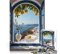 Puzzle "Vista di Santorini attraverso una finestra aperta" per adolescenti, 1000 pezzi, gioco per l'esercizio mentale, design rilassante, assemblaggio, sorpresa di Natale (50x75cm)