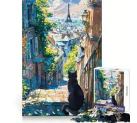 Puzzle "Vista parigina con gatto" per ragazzi, 1000 pezzi, gioco di logica fine, morbido, rilassante, bordi puliti, regalo di alta qualità (38x26cm)