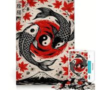 Puzzle Yin Yang con pesci koi e foglie d'acero,1000 pezzi,gioco di logica,esercizio di taglio,abilità artigianale,momento di tranquillità,esercizio mentale a casa (50x75cm)
