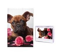 Puzzles - Puzzle da 1000 pezzi con cucciolo carino con rose, puzzle personalizzato in legno per adulti, foto puzzle arte da appendere alla parete, decorazione per compleanno, matrimonio, San Valentino