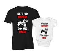 Puzzletee Coppia Maglietta e Body Neonato - T-shirt Padre e Figlio a Maniche Corte, Idea Regalo Festa del Papa (Nato per Giocare con Mio Figlio, Padre Gamer)
