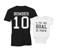 Puzzletee Coppia Maglietta e Body Neonato - T-shirt Padre e Figlio a Maniche Corte, Idea Regalo Festa del Papa (Calcio, Bomber 10, più bel goal di papà)