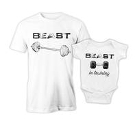 Puzzletee Coppia Maglietta e Body Padre Figlio Festa Papà Beast, Beast in training Maschietto Bimbo T-shirt Strong Papa Neonato Idea Regalo