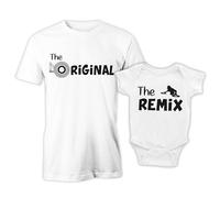 Puzzletee Coppia T-Shirt e Body Padre Figlio - Festa del papà - The Original, The Remix - Cotone Morbido e Traspirante, Stampa Diretta su Tessuto - Regalo Originale e Divertente (L, 6-12 Mesi)