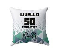Puzzletee Cuscino Compleanno 50 anni - Livello 50 Completato - Press Start - Cuscino Compleanno Uomo - Cuscino 40x40cm - Idea Regalo Compleanno 50 anni - Idea Regalo Uomo