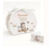 PV Grafik® 16+16 Scatoline Portaconfetti Nascita E Battesimo Personalizzate, 16 Portaconfetti + 16 Bigliettini Bomboniere, Nastrino Per Chiusura Incluso (Tunna19), 9X8,5X4 Cm