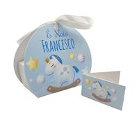 PV Grafik® 24+24 Bomboniere Nascita Bimbo - Scatoline Portaconfetti con Cavallino, Nastro Bianco e Bigliettini Personalizzati - Scatole Confetti Battesimo Maschietto (Tunna33)