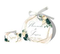 PV Grafik® 24+24 Pz Scatoline Portaconfetti Matrimonio Eleganti | Bomboniere Verde Salvia con Fiori e Geometrie Oro | Personalizzate con Nomi e Data | Bigliettini Coordinati + Nastro Bianco (M15)
