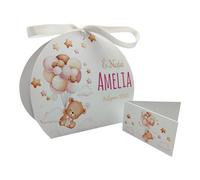PV Grafik® 24+24 Scatoline Portaconfetti Bimba Orsetto con Palloncini - Bomboniere Personalizzate per Battesimo o Nascita Femmina con Bigliettini e Nastrino - Tema Orsetto, Stelle e Nuvole (Tunna40)