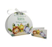 PV Grafik® 24+24 Scatoline Portaconfetti Compleanno Bimbo - Bomboniere Personalizzate con Animali Giungla, Bigliettini e Nastro Bianco - Scatole Festa 1° Anno Jungle Safari (Tunna26)