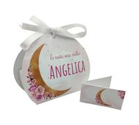 PV Grafik® 24+24 Scatoline Portaconfetti Nascita Bimba - Bomboniere Personalizzate con Bigliettini e Nastrino - Tema Luna Dorata, Fiori Rosa e Frase “È nata una stella” (Tunna73)