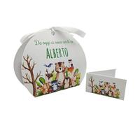 PV Grafik® 24+24 Scatoline Portaconfetti Nascita Bimbo - Bomboniere Personalizzate con Animali del Bosco e Bigliettini - Tema Orsetto, Volpe, Riccio - Scatole Confetti Maschio Baby Shower (Tunna58)