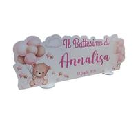 PV Grafik® Centro Tavola Battesimo Personalizzato, Centro Tavola confettata Battesimo, Tema Orsetto Bimba, Allestimento Battesimo Nome per Confettata Personalizzato (40B)