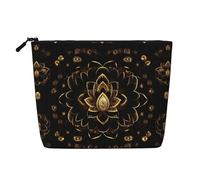 pvinnk Borsa per il trucco con stampa di fiori di loto d'oro Borse per il trucco a strato singolo Organizzatore cosmetico da viaggio grande capacità, nero, Taglia unica