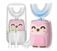 PVOGRT Spazzolino da denti elettrico a forma di U per bambini, con 2 testine a forma di U, 2 ricambi morbidi, ricaricabile automatico, 6 modalità di pulizia, impermeabile IPX 7, età 2-7 anni, rosa