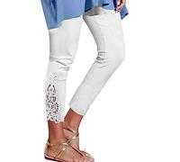 pvucpot Donna Leggings 3/4 Pantaloni con Pizzo Pantaloni Capri in Cotone con Vita Alta Pantaloni Fitness Slim con chiusura in pizzo, Hollow con strass, casual, alla moda, elasticizzati