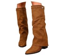 pvucpot Fold Over Stivali Slouch Block Heels Dressy Stivali al Ginocchio