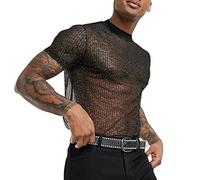 pvucpot Maglia Trasparente Uomo a Rete Camicia Paillettes Glitter Nera T Shirt Mesh Fishnet Discoteca Sexy Trasparenti Maglietta Muscoli Clubwear Party Night