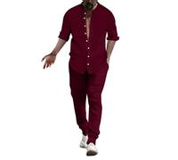 pvucpot Tuta da uomo in lino a righe estate vestito cotone camicia di lino tuta casual due pezzi camicie a maniche lunghe e pantaloni cotone lino vestito da spiaggia tuta yoga pigiama