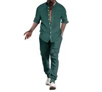 pvucpot Tuta da uomo in lino a righe estate vestito cotone camicia di lino tuta casual due pezzi camicie a maniche lunghe e pantaloni cotone lino vestito da spiaggia tuta yoga pigiama