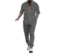pvucpot Tuta da uomo in lino a righe estate vestito cotone camicia di lino tuta casual due pezzi camicie a maniche lunghe e pantaloni cotone lino vestito da spiaggia tuta yoga pigiama