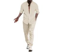 pvucpot Tuta da uomo in lino a righe estate vestito cotone camicia di lino tuta casual due pezzi camicie a maniche lunghe e pantaloni cotone lino vestito da spiaggia tuta yoga pigiama