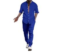 pvucpot Tuta da Uomo in Lino e Cotone a Righe Estate - Completo Due Pezzi con Camicia a Maniche Lunghe e Pantaloni - Vestito da Spiaggia per Yoga e Pigiama