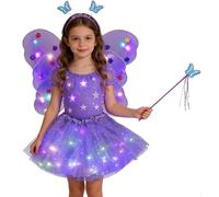 pvucpot Vestiti di Carnevale per Bambina Costume Principessa Farfalla con Ali Luminose e Bacchetta Magica, Set Completo 4 Pezzi per Vestito di Carnevale Bambina Elegante