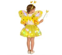 pvucpot Vestiti di Carnevale per Bambina Costume Principessa Farfalla con Ali Luminose e Bacchetta Magica, Set Completo 4 Pezzi per Vestito di Carnevale Bambina Elegante