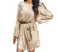 pvucpot Vestito con Paillettes Donna Corto Curvy Elegante Natale Abito con Cintura Cerimonia Scollo a V Abiti Capodanno Manica Lunga Carnevale Natalizio Vestiti Sera Festa