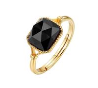 PVUVTNAHW Anello in argento sterling 925 con pietra preziosa in agata nera naturale, regolabile, placcato in oro, for donna