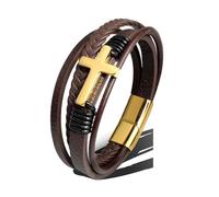 PVUVTNAHW Bracciale in Acciaio Inossidabile con Croce in Pelle Marrone Nero Bracciale da Uomo con Gioielli Hiphop Chiusura Magnetica Avvolgente con Polsino Maschile(18.5cm,G-4tBROWN Cross)